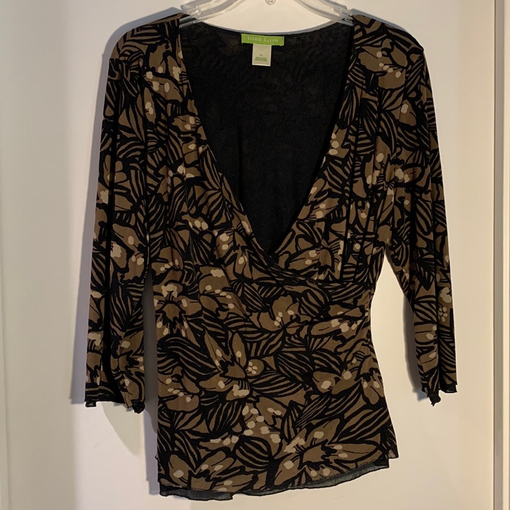 V-Neck long lined top 3/4 sleeve Sophisticated brown/black/beige print XL